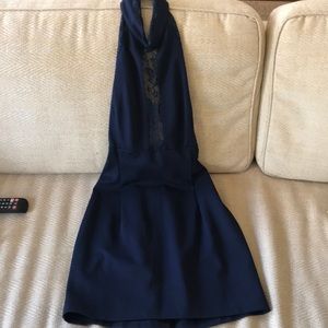 Navy halter and lace open back dress